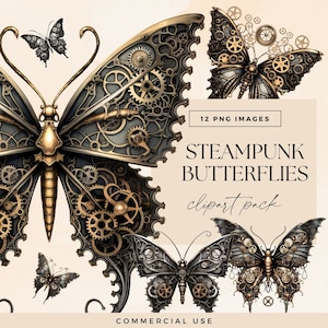 Steampunk Schmetterlinge Clipart Kit, Transparentes PNG, Junk Journal Schmetterling Ephemera, Mechanisches Clip Art Bundle, viktorianische Grafik, Insekten