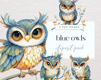 Whimsical Owls Clip Art, Transparent PNG, Funny Blue Bird Clip Art, Junk Journal Birds, Quirky Garden Ephemera, Funny Animal Illustrations