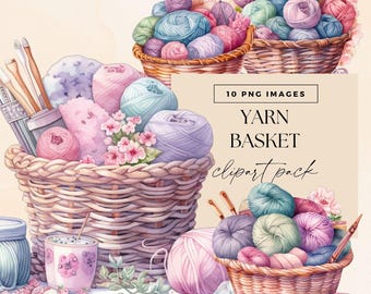 Peut inclure: Illustration à l'aquarelle de paniers de fil remplis de boules de fil colorées, d'aiguilles à tricoter et de décorations florales. Le texte indique "10 PNG Images, Yarn Basket Clipart Pack, Commercial Use."