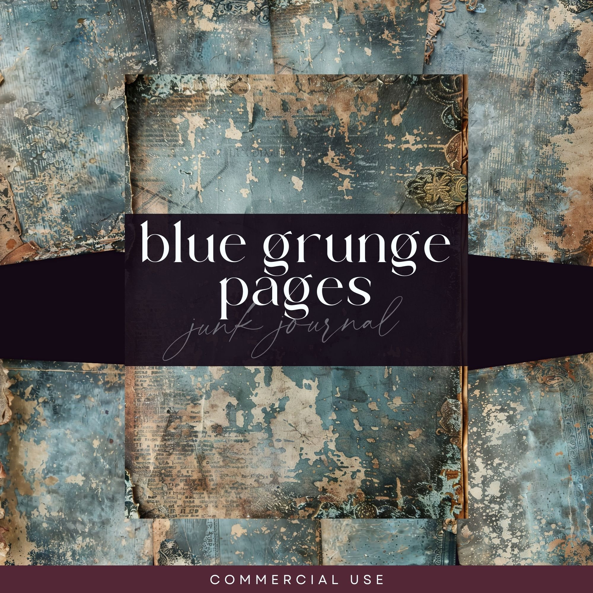 Blue Grunge Junk Journal Digital, Vintage Rustic Papers