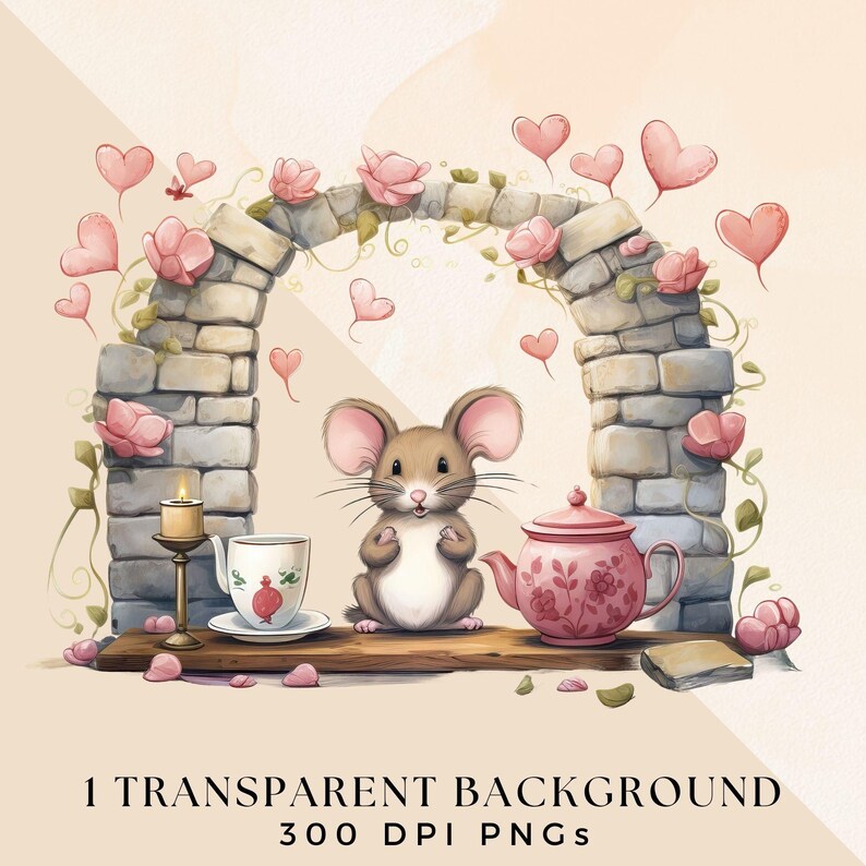 Garden Tea Party Clipart, Spring Mouse Clip Art, Transparent PNG, Whimsical Tea For One Invite Illustrations, Watercolor Floral Junk Journal image 2