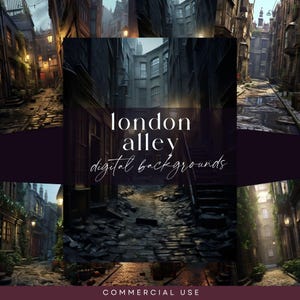 Può includere: Un collage di sfondi digitali con scene di vicoli londinesi. Le immagini mostrano strade strette e acciottolate fiancheggiate da vecchi edifici, illuminate da caldi lampioni. Il testo "London Alley Digital Backgrounds" è sovrapposto.
