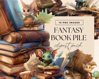 Fantasyboeken Clip Art Pack, drakenboekenstapel, bibliotheek clipart, fantasy leesgraphics, aquarel illustraties, junk journal magisch