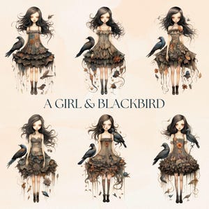 Goth Girl Clipart PNG, Gothic Watercolor Paper Dolls, Junk Journal Blackbird Characters, Raven Fairytale Art Graphics, Dark Fantasy Clip Art image 2