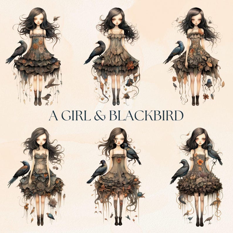 Goth Girl Clipart PNG, Gothic Watercolor Paper Dolls, Junk Journal Blackbird Characters, Raven Fairytale Art Graphics, Dark Fantasy Clip Art image 2