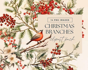 Watercolour Christmas Branch Clipart, Seasonal Pine Foliage Clip Art, Xmas Pine Greenery Illustration, Festive Junk Journal, Holly Berries