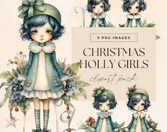 Clipart kerstmeisjes, kerstpop-illustraties, transparante png, schattige winterhulst-personages, aquarel vakantieafbeeldingen, meisjes ongewenste dagboek