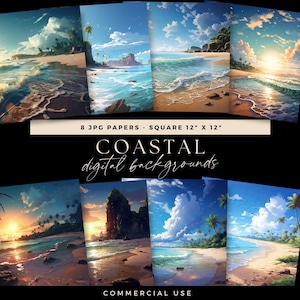 Strand Küste Digitaler Hintergrund, Sandige Küste Hintergrund, Sonnenuntergang Meer Junk Journal, Sommer Illustrative Overlay, Ozean Landschaft Scrapbooking