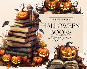 Halloween Book Clipart, Pumpkin Book Pile Clip Art, Fantasy Stacked Books, Commercial Use, Spooky Open, Fall Reading Graphics, Witch Magic