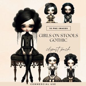 Gothic Doll Clipart, Transparent PNGs, Creepy Girls Clip Art, Junk Journal Spooky Characters, Dark Fairytale Graphics, Goth Illustrations