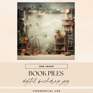 Book Piles Room Backdrop Digital, INSTANT DOWNLOAD, Whimsical Library Photography, House Studio Background Overlay, Vintage Scene Texture