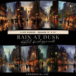 Fondo digital de ciudad, fondo de lluvia al atardecer, diario callejero, superposición de tormenta ilustrada por un artista fotográfico, páginas de scrapbooking de charcos