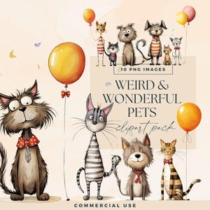 Pacote de clipart de gato e cachorro excêntrico, PNG transparente, clipart peculiar, itens efêmeros de aniversário de animais de estimação, diversão para festas com animais, balões amarelos