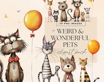 Whimsical Cat Dog Clipart Bundle, Transparent PNG, Quirky Clip Art, Junk Journal Pets Birthday Ephemera, Party Animal Fun, Yellow Balloons