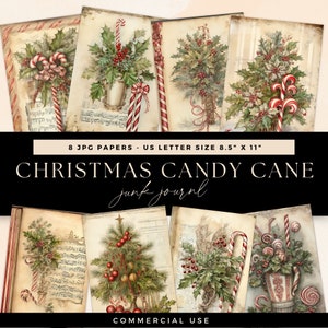 Candy Cane Junk Journal Kit, Christmas Tree Scrapbooking Pages, Digital DOWNLOAD, Printable Festive Papers, Xmas Holiday Vintage Ephemera