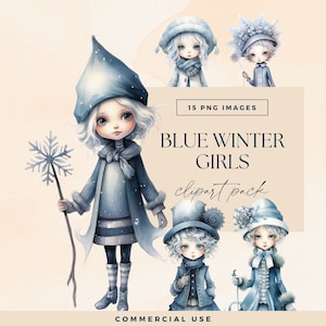 Winter Character Clipart Pack, Transparent PNG, Watercolour Blue Girls, Junk Journal Whimsical Snow Wonderland, Christmas Doll Illustrations