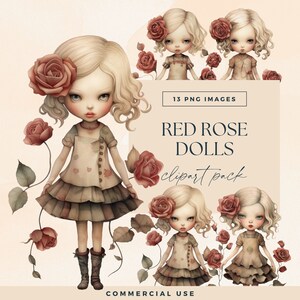 Pacote de clipart de menina rosa vermelha, PNGs transparentes em aquarela, clipart de bonecas de papel de personagens bonitos, gráficos extravagantes de diário de lixo floral