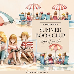 Summer Book Club Clipart Pack, Best Friend Book Pile, Library Clip Art, Beach Holiday Reading Graphics, Watercolor Bookclub Kit, Transparent