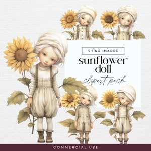 Clipart de boneca de girassol, PNG transparente, pacote de clipart de menina flor do sol, diário de lixo botânico, coisas efêmeras florais, ilustrações de flores brilhantes