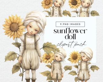 Sunflower Doll Clipart, Transparent PNG, Sun Flower Girl Clip Art Pack, Botanical Junk Journal, Floral Ephemera, Bright Flower Illustrations