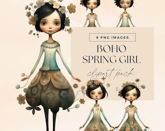 Boho Spring Girl Clipart Pack, PNG, Cute Floral Springtime Dolls Clip Art, Mystical Forest Junk Journal, Pretty Garden Characters Ephemera