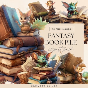 Fantasy Books Clip Art Pack, Dragon Book Pile, Library Clipart, Fantasy Reading Graphics, Watercolour Illustrations, Junk Journal Magical