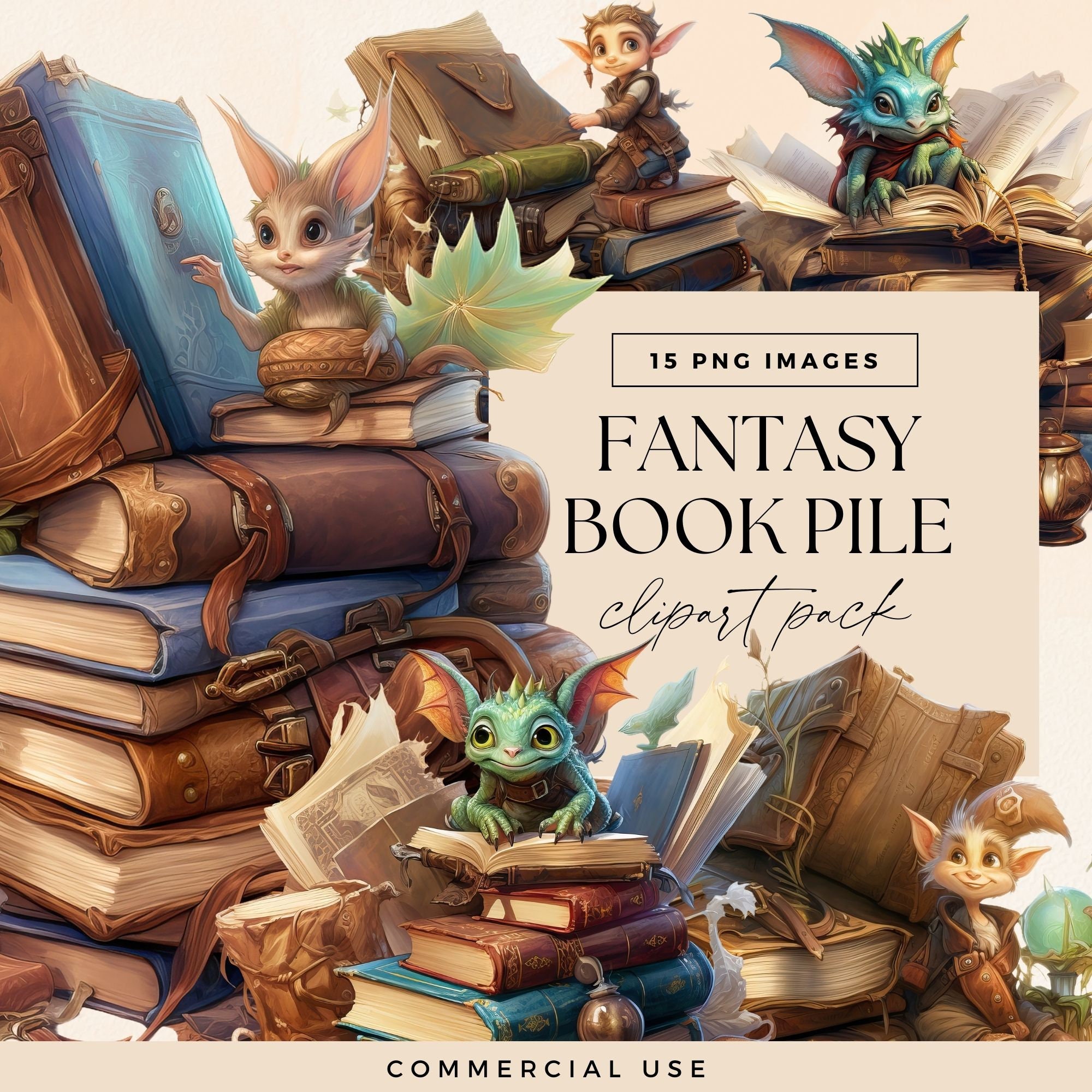 Fantasy Books Clip Art Pack, Dragon Book Pile, Library Clipart, Fantasy Reading Graphics, Watercolour Illustrations, Junk Journal Magical