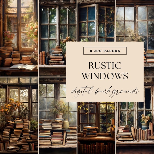 Rustic Vintage Windows Backgrounds, INSTANT DOWNLOAD, Grunge Papers, Vintage Old Painted House, Book Pile Clipart, Digital Backdrop, Photo