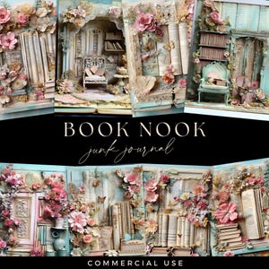 Book Nook Junk Journal, Vintage Bookshelf Pages, Digital DOWNLOAD, Unique Scrapbooking Papers,  Reading Chair Ephemera, Flowers Mixed Media