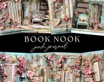 Book Nook Junk Journal, Vintage Bookshelf Pages, Digital DOWNLOAD, Unique Scrapbooking Papers,  Reading Chair Ephemera, Flowers Mixed Media