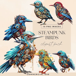 Steampunk Bird Clipart Kit, Transparent PNG, Junk Journal Ephemera, Mechanical Birds Clip Art Bundle, Victorian Graphics, Fantasy Images