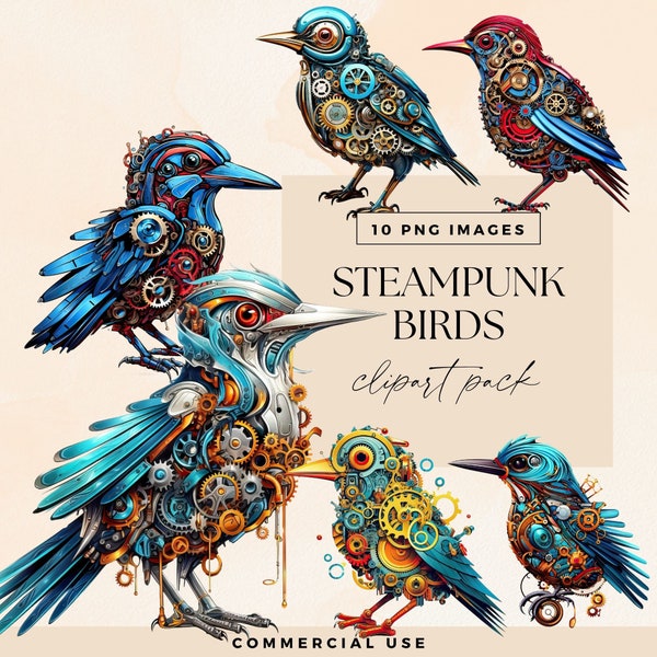 Steampunk Bird Clipart Kit, Transparent PNG, Junk Journal Ephemera, Mechanical Birds Clip Art Bundle, Victorian Graphics, Fantasy Images