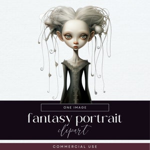 Clipart peculiar de menina, PNG transparente, clipart caprichoso de retrato, gráficos de diário de lixo de boneca de Halloween, coisas efêmeras de boneca de fantasia, rosto bonito