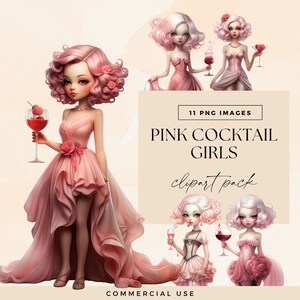 Paquete de imágenes prediseñadas de chica cóctel rosa caprichosa, linda muñeca de papel de moda peculiar PNG, diario basura de la noche de las niñas, ilustración efímera de celebración