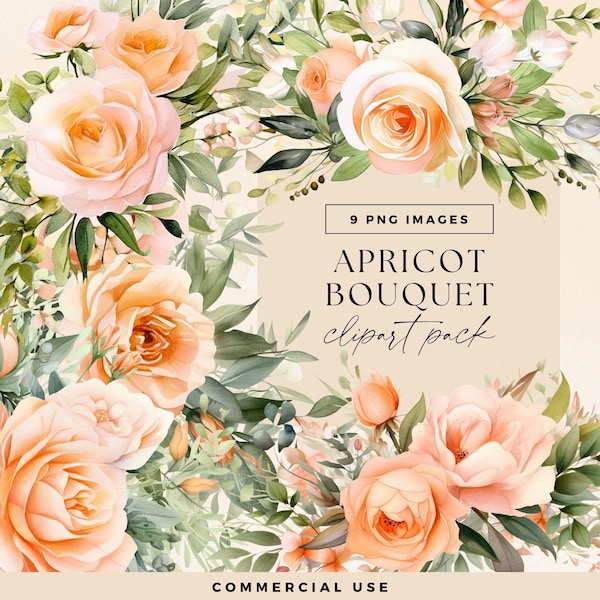 Apricot Flower Bouquet Clipart, Transparent PNG, Peaches and Cream Wedding Illustrations, Elegant Watercolour Floral Clip Art, Spring Invite