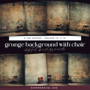 Fondo de estudio grunge con silla, fondo digital de pared, superposición urbana, textura antigua, ilustración de habitación abandonada, diario rústico basura JPG