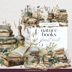 Paquete de imágenes prediseñadas para amantes de los libros, imágenes prediseñadas de pila de libros, PNG transparente, gráfico de libros apilados boho, diario basura de lectura de la naturaleza, efímera de biblioteca