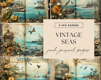 Kit de diario playero, papel digital de velero oceánico, páginas shabby de scrapbooking con temática costera, mar vintage, fondo náutico de verano imprimible