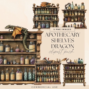 Vintage Apothecary Clipart Pack, Dragon Shelf Clip Art, Transparent PNG, Potion Bottles, Mystical Cabinet, Magical Spell, Witchcraft Graphic