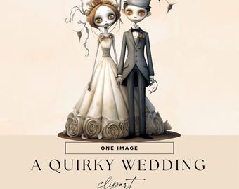 Könnte beinhalten: Digitale Illustration eines skurrilen Hochzeitspaares. Die Braut trägt ein weißes Kleid mit rosenartigen Verzierungen. Der Bräutigam ist in einem grauen Anzug und Zylinder gekleidet. Der Text "A Quirky Wedding Clipart" und "Commercial Use" ist enthalten.