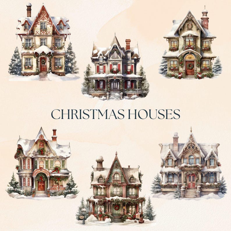 Christmas House PNG Clipart, Decorated Xmas Whimsical Houses, Victorian Winter Streetscape Clip Art, Vintage Holiday Junk Journal Graphics image 2