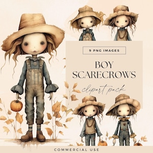 Clipart Scarecrow Boys, transparante PNG, Fall Field Dolls-illustraties, aquarel herfstillustraties, Thanksgiving Junk Journal-afbeeldingen afbeelding 1