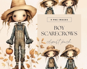 Clipart Scarecrow Boys, transparante PNG, Fall Field Dolls-illustraties, aquarel herfstillustraties, Thanksgiving Junk Journal-afbeeldingen