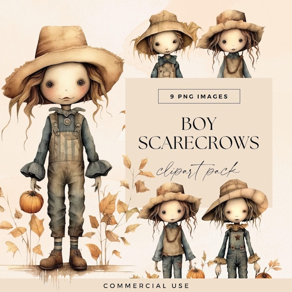 Clipart Scarecrow Boys, Transparent PNG, Fall Field Dolls Clip Art, Watercolour Autumn Illustrations, Thanksgiving Junk Journal Graphics