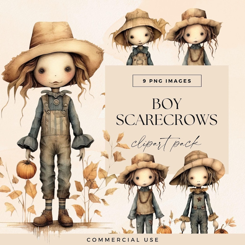 Clipart Scarecrow Boys, transparante PNG, Fall Field Dolls-illustraties, aquarel herfstillustraties, Thanksgiving Junk Journal-afbeeldingen afbeelding 1