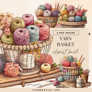 Clipart de panier de pelotes de laine, clipart de passe-temps au Crochet, PNG transparents, illustrations des essentiels du tricot colorés, graphismes travaux manuels