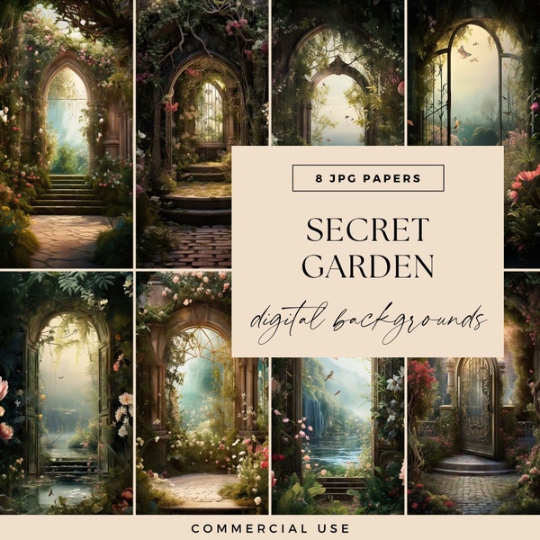 Secret Garden Backdrop, Magical Digital Papers, INSTANT DOWNLOAD, Photographer Composites, Enchanted Door, Floral Gate, Junk Journal Scene