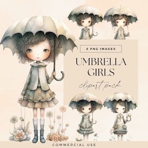 Pacote de clipart de menina com guarda-chuva, PNG transparente, diário de lixo de boneca bonita em aquarela, coisas efêmeras de dia chuvoso de fantasia, clipart botânico pastel