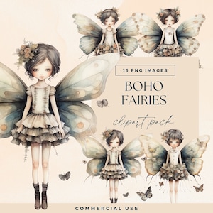 Clipart Boho Fairy, sprookjesachtige png's, Butterfly Fae-illustraties, magische tuin karakterillustraties, Forest Fantasy Mystical Junk Journal