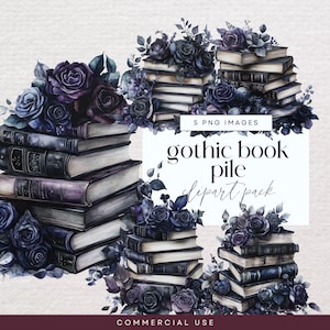 Gothic Book Stack Clipart Bundle, Transparent PNG, Bookpile Clip Art, Reading Junk Journal, Dark Academia, Book Lovers Gift, Goth Library